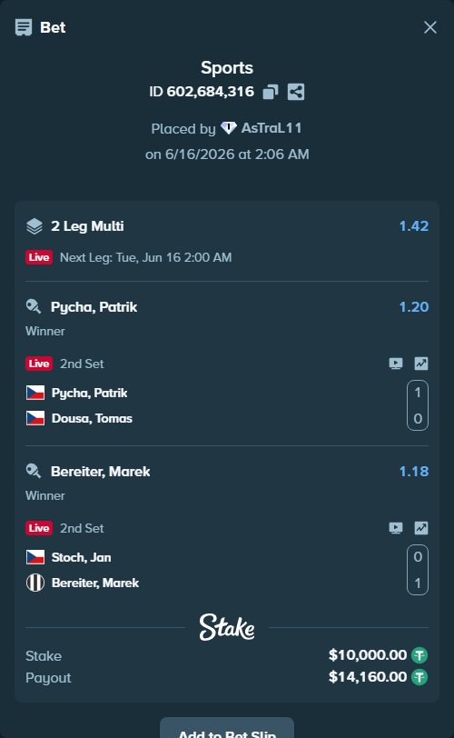 Bet slip: Pycha, Patrik - Dousa, Tomas, $10,010.00 stake at 1.20 odds, placed by AsTraL11