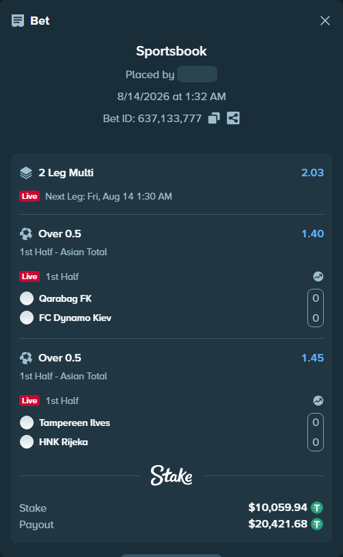 Bet slip: Qarabag FK - FC Dynamo Kyiv, $10,070.00 stake at 1.40 odds, placed by tlwns4736