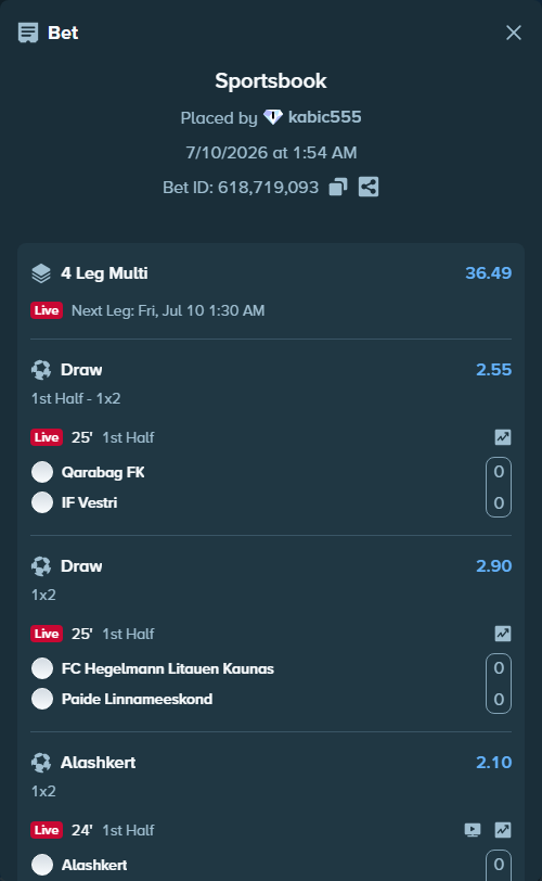 Bet slip: Qarabag FK - IF Vestri, $10,676.24 stake at 2.55 odds, placed by kabic555