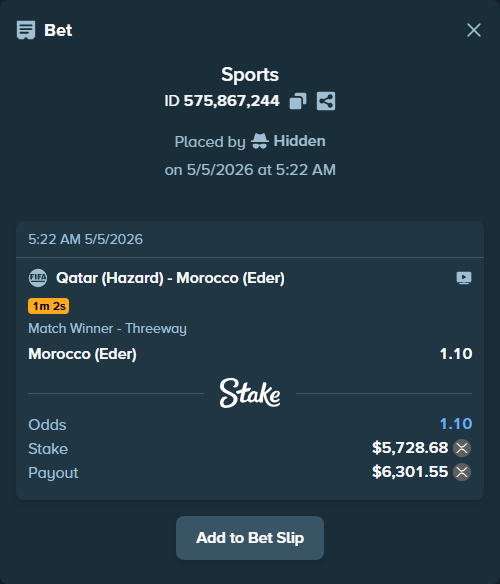 Bet slip: Qatar (Hazard) - Morocco (Eder), $4,708.43 stake at 1.10 odds, placed by Hidden