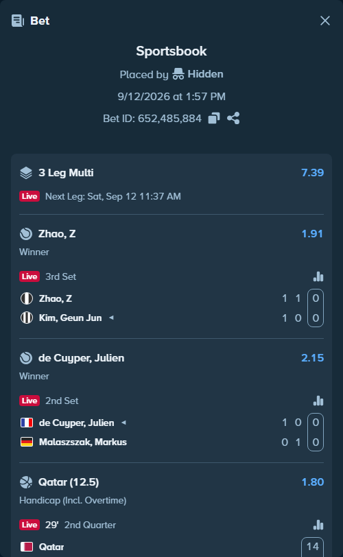Bet slip: Qatar - Jordan, $10,000.00 stake at 1.80 odds, placed by Hidden