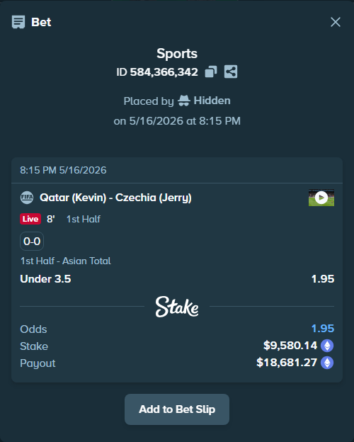 Bet slip: Qatar (Kevin) - Czechia (Jerry), $7,657.05 stake at 1.95 odds, placed by Hidden