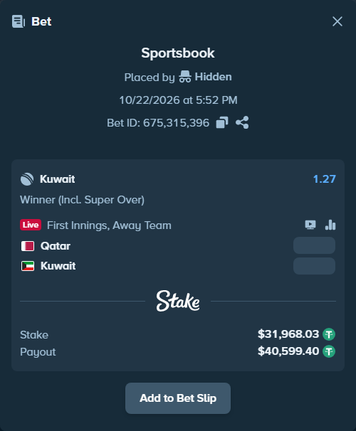 Bet slip: Qatar - Kuwait, $32,000.00 stake at 1.27 odds, placed by Robel345345