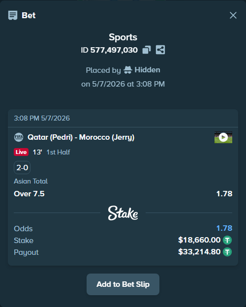 Bet slip: Qatar (Pedri) - Morocco (Jerry), $18,660.00 stake at 1.78 odds, placed by Hidden