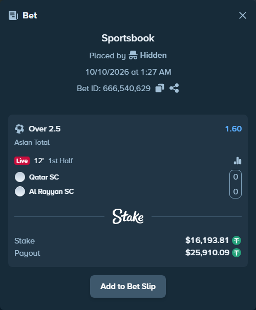 Bet slip: Qatar SC - Al Rayyan SC, $16,210.00 stake at 1.60 odds, placed by tlwns4736