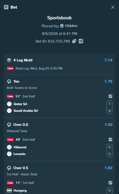 Bet slip: Qatar Srl - Saudi Arabia SRL, $20,129.76 stake at 1.75 odds, placed by Hidden
