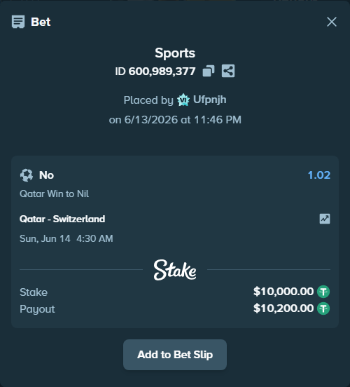 Bet slip: Qatar - Switzerland, $10,010.00 stake at 1.02 odds, placed by Ufpnjh
