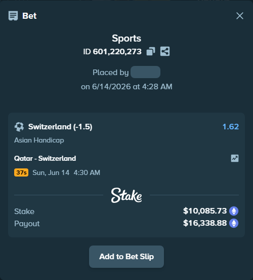 Bet slip: Qatar - Switzerland, $10,405.92 stake at 1.62 odds, placed by Boat1101