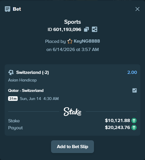 Bet slip: Qatar - Switzerland, $10,132.00 stake at 2.00 odds, placed by KeyNG8888