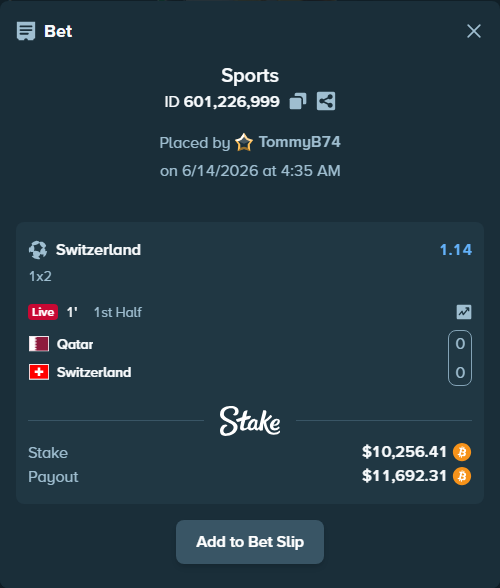 Bet slip: Qatar - Switzerland, $10,291.84 stake at 1.14 odds, placed by TommyB74