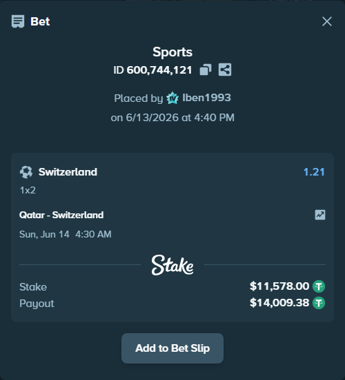 Bet slip: Qatar - Switzerland, $11,589.58 stake at 1.21 odds, placed by Iben1993