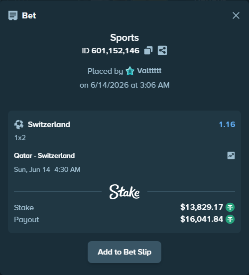 Bet slip: Qatar - Switzerland, $13,843.00 stake at 1.16 odds, placed by Valttttt