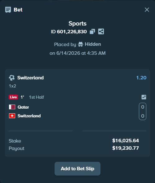 Bet slip: Qatar - Switzerland, $16,082.50 stake at 1.20 odds, placed by Mathiaskf02