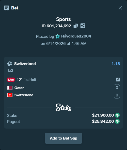 Bet slip: Qatar - Switzerland, $21,921.90 stake at 1.18 odds, placed by Håvardlied2004