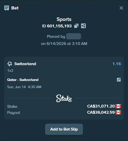 Bet slip: Qatar - Switzerland, $22,992.69 stake at 1.16 odds, placed by Chinujaatjind