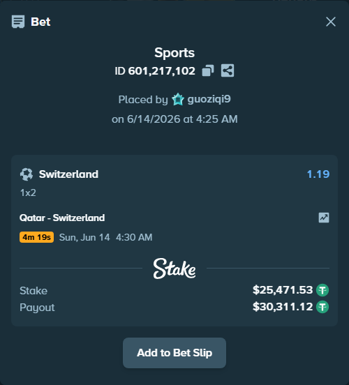 Bet slip: Qatar - Switzerland, $25,497.00 stake at 1.19 odds, placed by guoziqi9