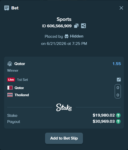 Bet slip: Qatar - Thailand, $20,000.00 stake at 1.55 odds, placed by Hidden
