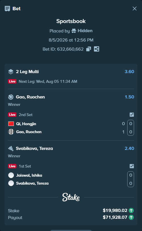 Bet slip: Qi, Hongjin - Gao, Ruochen, $20,000.00 stake at 1.50 odds, placed by Hidden