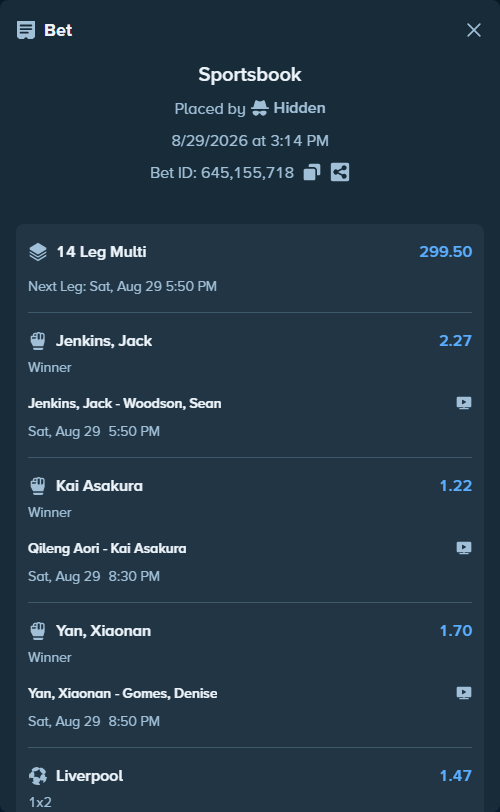 Bet slip: Qileng Aori - Kai Asakura, $10,000.00 stake at 1.22 odds, placed by Hidden