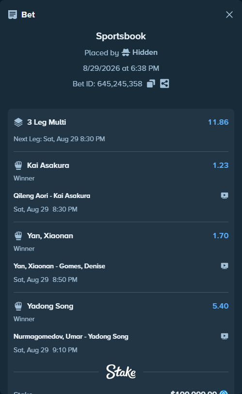 Bet slip: Qileng Aori - Kai Asakura, $100,000.00 stake at 1.23 odds, placed by Hidden