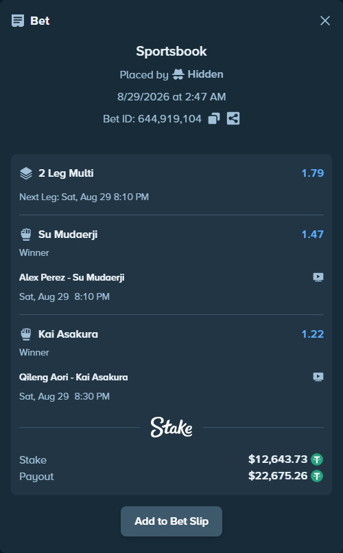 Bet slip: Qileng Aori - Kai Asakura, $12,643.73 stake at 1.22 odds, placed by Hidden