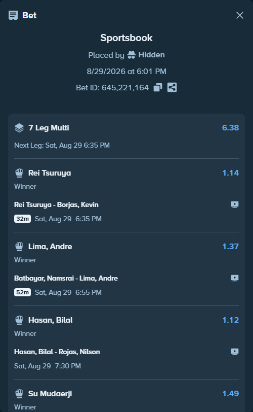 Bet slip: Qileng Aori - Kai Asakura, $15,000.00 stake at 1.23 odds, placed by Hidden