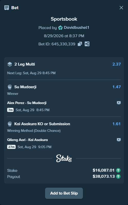 Bet slip: Qileng Aori - Kai Asakura, $16,087.01 stake at 1.61 odds, placed by Davidbushel1