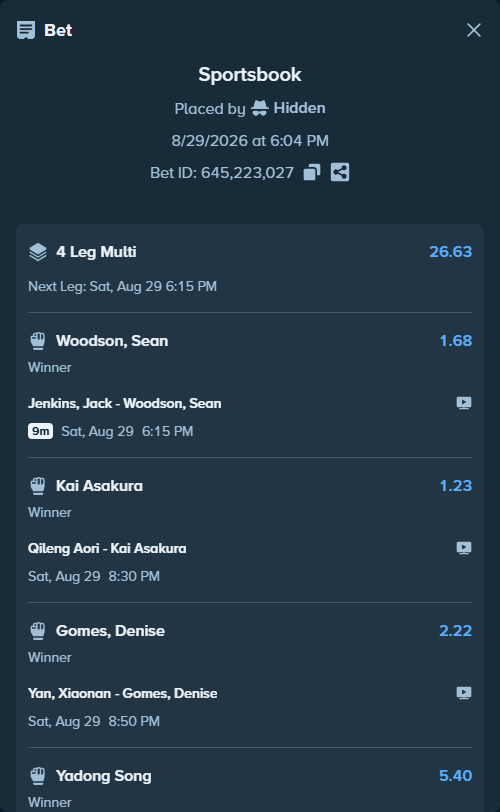 Bet slip: Qileng Aori - Kai Asakura, $22,451.22 stake at 1.23 odds, placed by Hidden