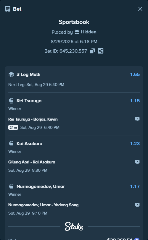 Bet slip: Qileng Aori - Kai Asakura, $28,491.59 stake at 1.23 odds, placed by Hidden