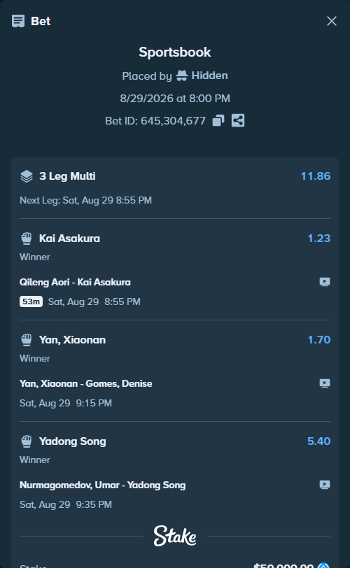 Bet slip: Qileng Aori - Kai Asakura, $50,000.00 stake at 1.23 odds, placed by Hidden