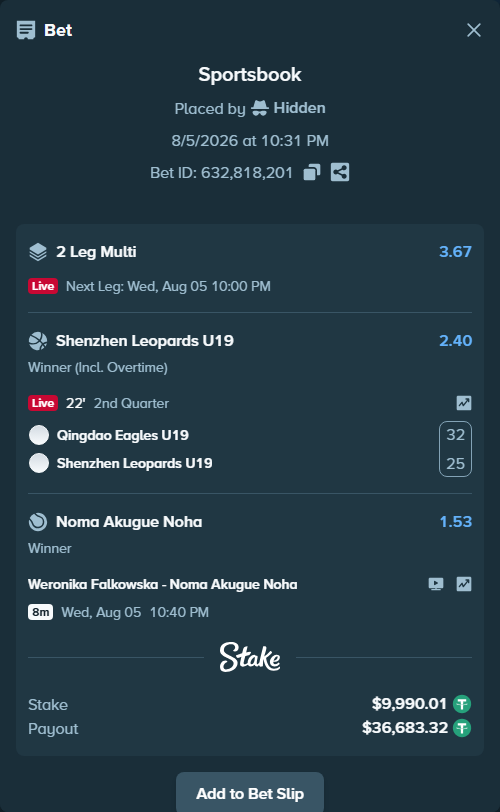 Bet slip: Qingdao Eagles - Shenzhen Leopards, $10,000.00 stake at 2.40 odds, placed by Hidden