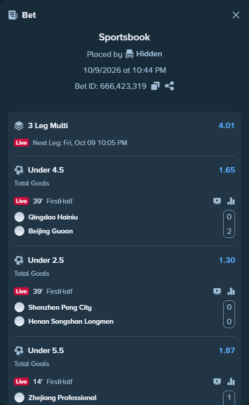 Bet slip: Qingdao Hainiu - Beijing Guoan, $14,148.39 stake at 1.65 odds, placed by Hidden