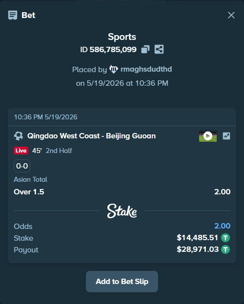 Bet slip: Qingdao West Coast - Beijing Guoan, $14,500.00 stake at 2.00 odds, placed by rmaghsdudthd