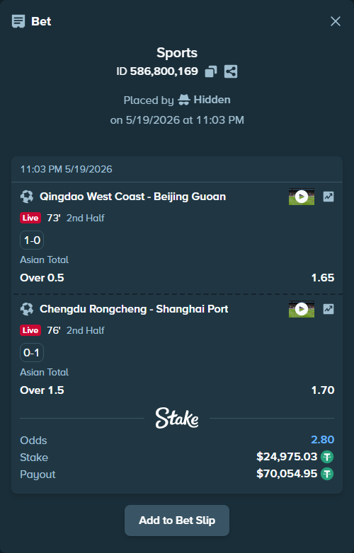 Bet slip: Qingdao West Coast - Beijing Guoan, $25,000.00 stake at 1.65 odds, placed by Hidden