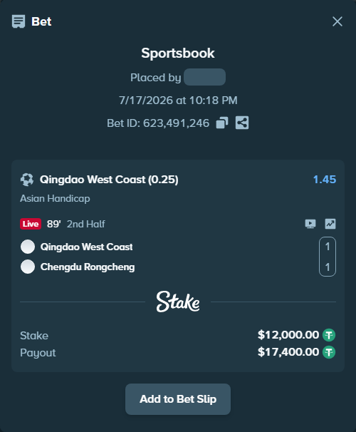 Bet slip: Qingdao West Coast - Chengdu Rongcheng, $12,012.00 stake at 1.45 odds, placed by JNLEE