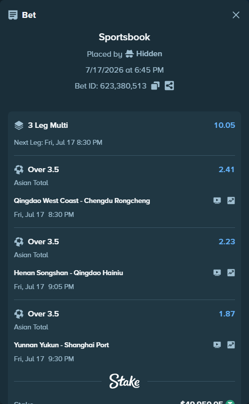 Bet slip: Qingdao West Coast - Chengdu Rongcheng, $50,000.00 stake at 2.41 odds, placed by Hidden