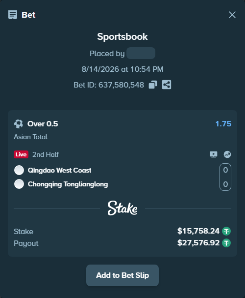 Bet slip: Qingdao West Coast - Chongqing Tonglianglong, $15,774.00 stake at 1.75 odds, placed by tlwns4736