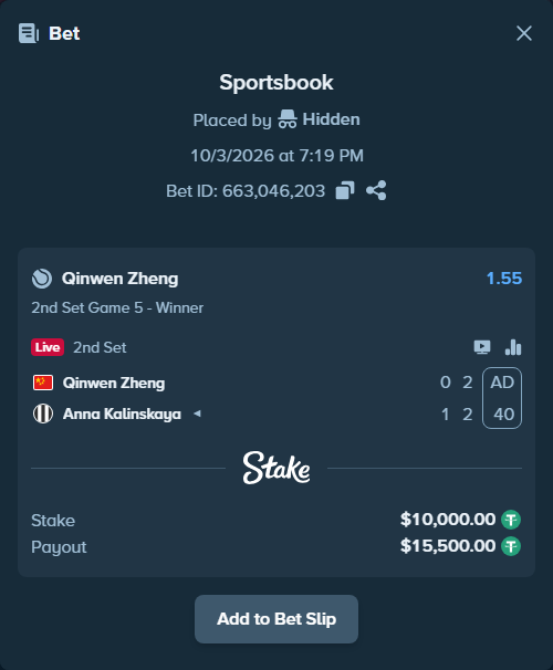 Bet slip: Qinwen Zheng - Anna Kalinskaya, $10,000.00 stake at 1.55 odds, placed by kuwkuw
