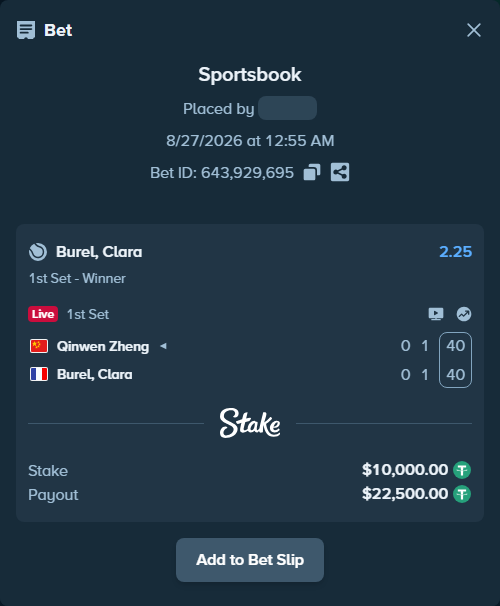 Bet slip: Qinwen Zheng - Burel, Clara, $10,000.00 stake at 2.25 odds, placed by WinTr10