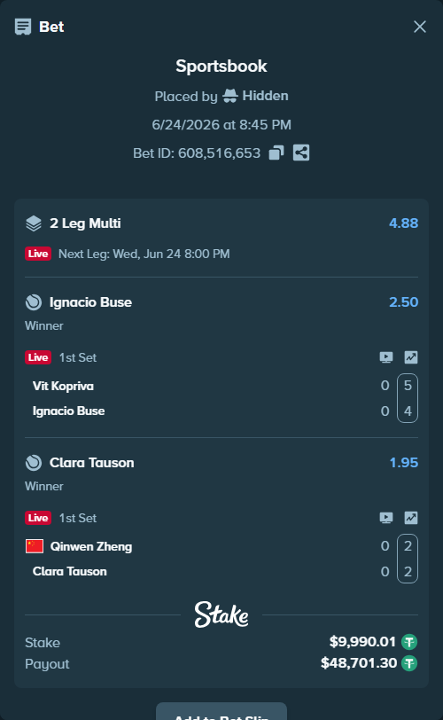 Bet slip: Qinwen Zheng - Clara Tauson, $10,000.00 stake at 1.95 odds, placed by Hidden