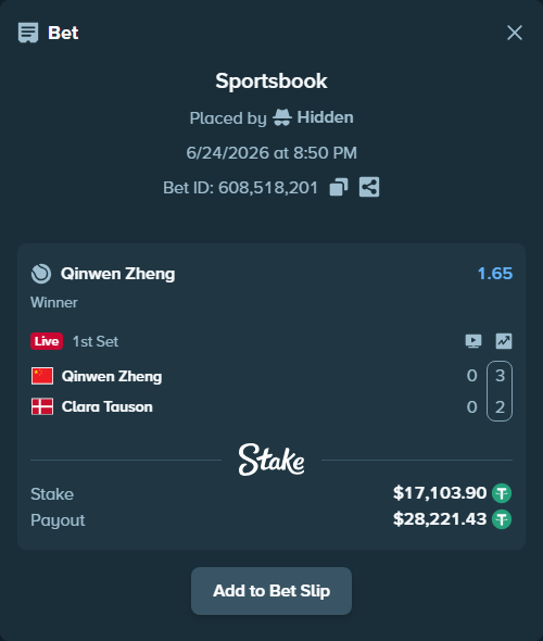 Bet slip: Qinwen Zheng - Clara Tauson, $17,121.00 stake at 1.65 odds, placed by Hidden