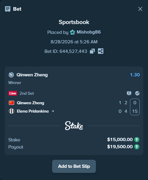Bet slip: Qinwen Zheng - Elena Pridankina, $15,000.00 stake at 1.30 odds, placed by Mishobg86