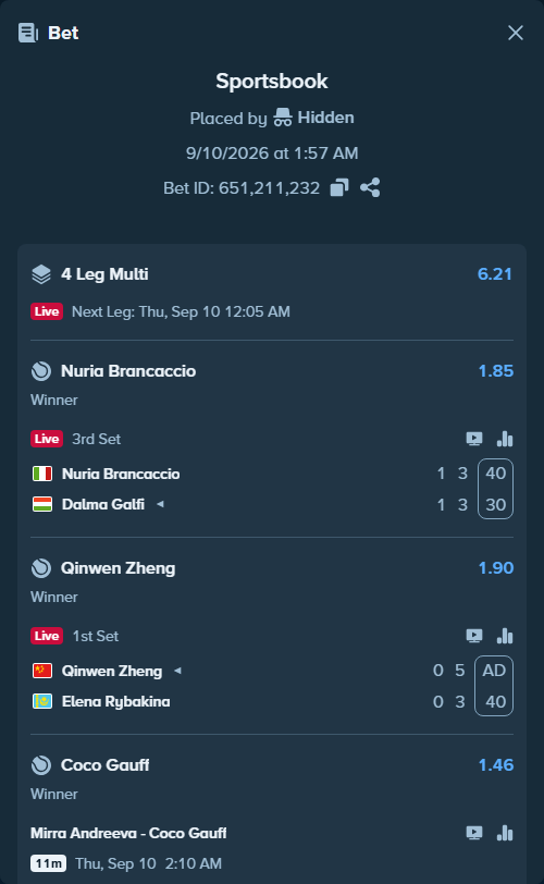 Bet slip: Qinwen Zheng - Elena Rybakina, $10,000.00 stake at 1.90 odds, placed by Hidden