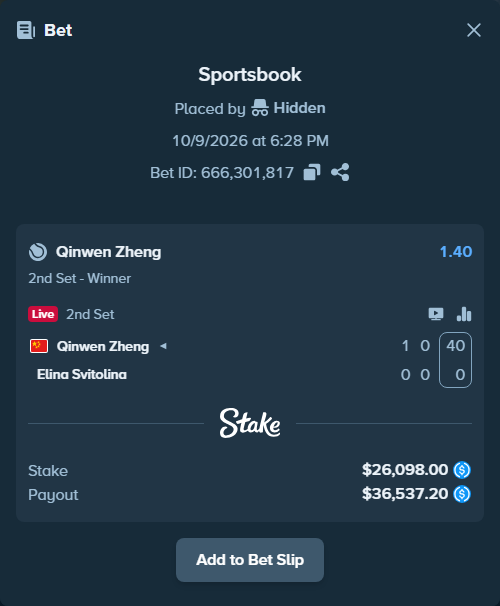 Bet slip: Qinwen Zheng - Elina Svitolina, $26,098.00 stake at 1.40 odds, placed by piropiro12