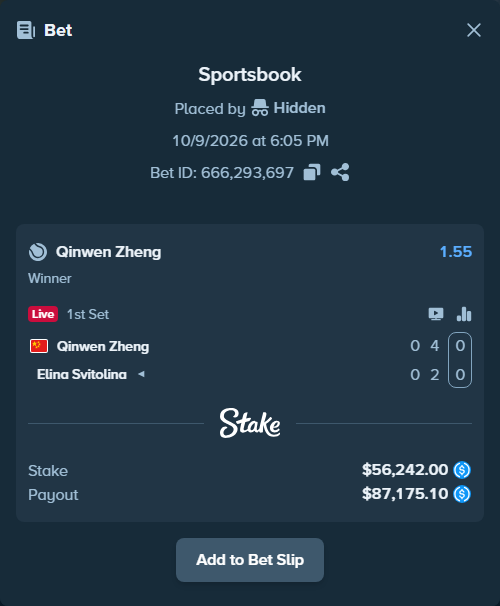 Bet slip: Qinwen Zheng - Elina Svitolina, $56,242.00 stake at 1.55 odds, placed by piropiro12