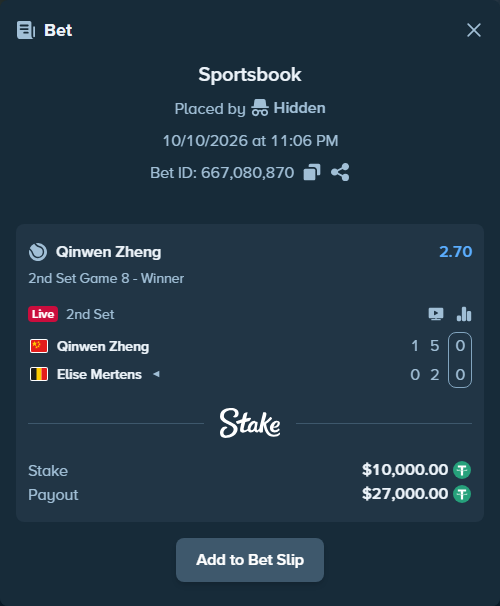 Bet slip: Qinwen Zheng - Elise Mertens, $10,010.00 stake at 2.70 odds, placed by Hidden