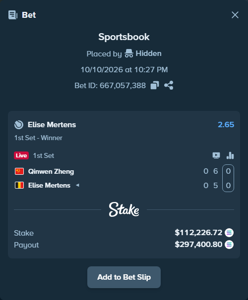 Bet slip: Qinwen Zheng - Elise Mertens, $112,241.66 stake at 2.65 odds, placed by Prettylfacko98