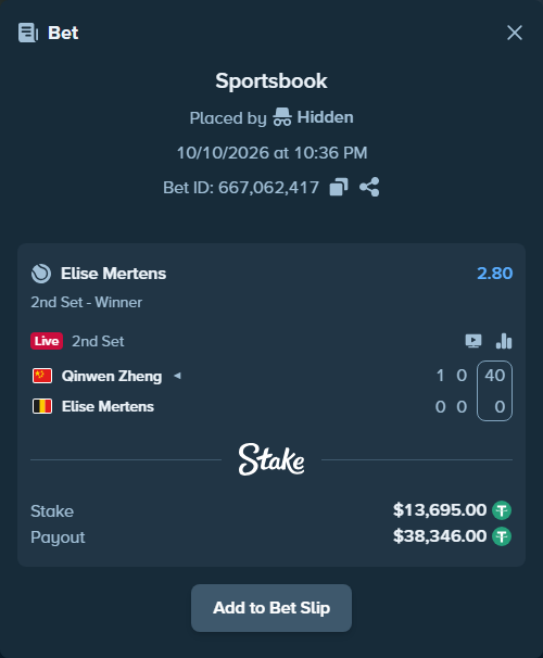 Bet slip: Qinwen Zheng - Elise Mertens, $13,708.69 stake at 2.80 odds, placed by Hidden