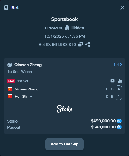Bet slip: Qinwen Zheng - Han Shi, $490,000.00 stake at 1.12 odds, placed by Hidden