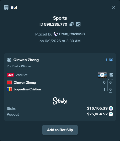 Bet slip: Qinwen Zheng - Jaqueline Cristian, $17,752.98 stake at 1.60 odds, placed by Prettylfacko98